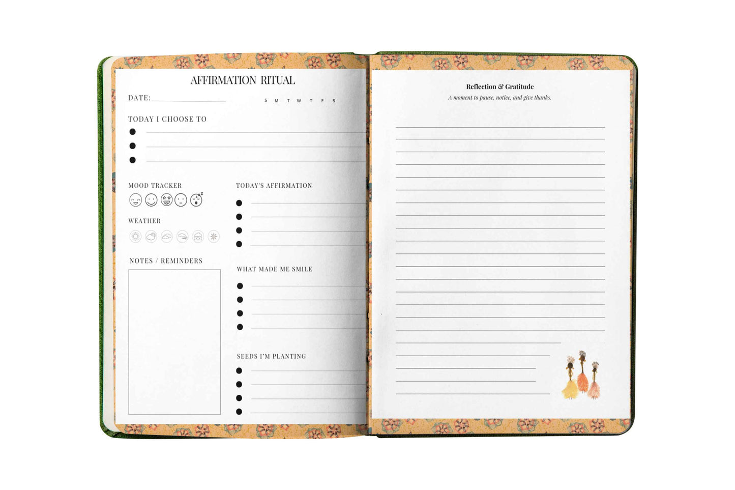 Open planner with daily schedule and reflection pages on a white background