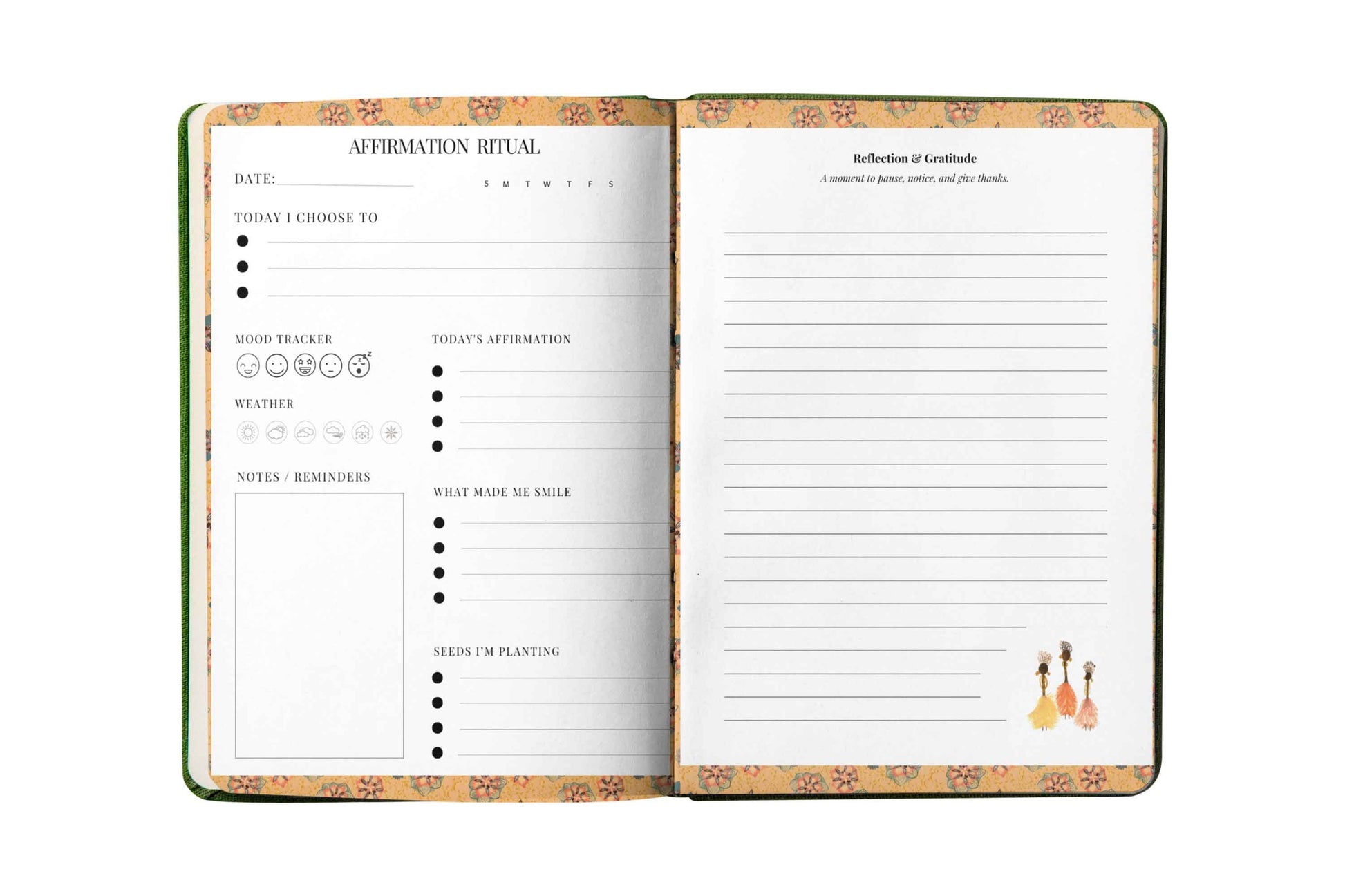 Open planner with daily schedule and reflection pages on a white background