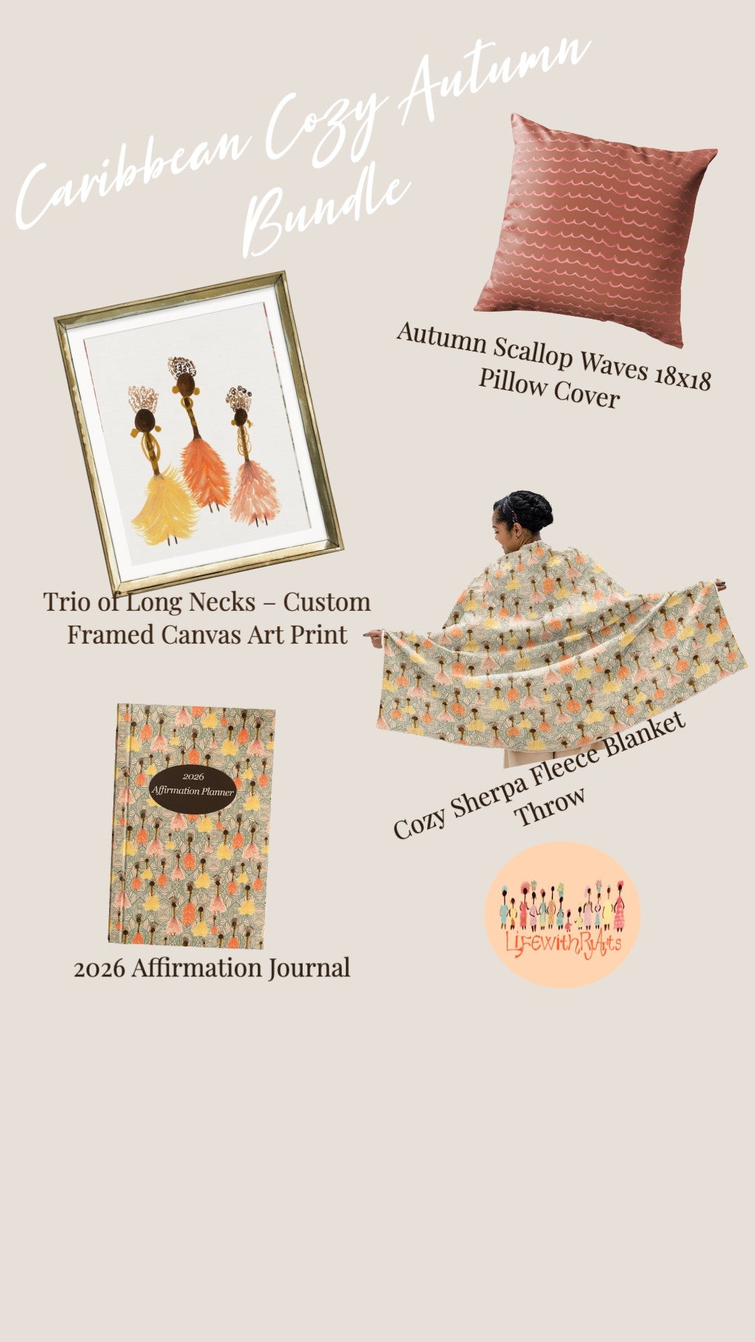 Collection of home decor items including a framed art print, pillow cover, blanket, and journal on a beige background.
