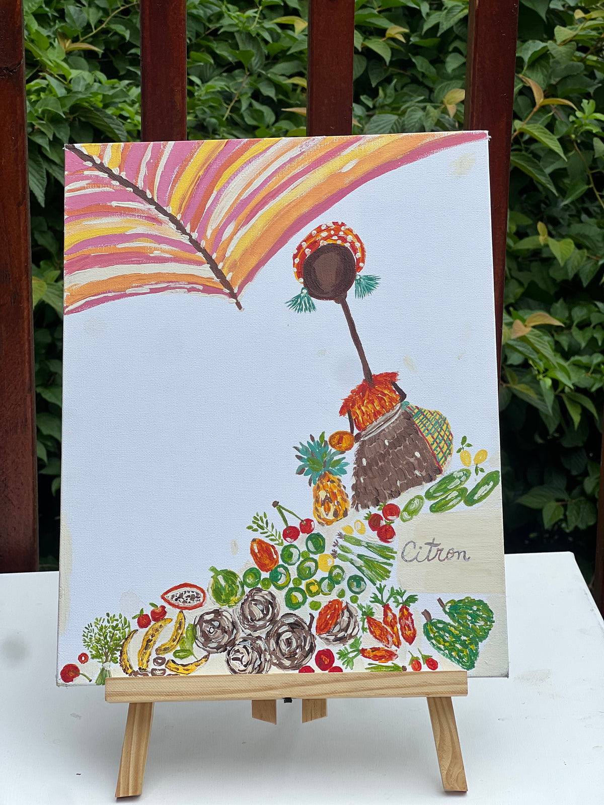 Market scene:Original Caribbean-inspired market painting from the Gathered in Abundance collection, featuring a woman surrounded by colorful fruits, vegetables and tropical details.