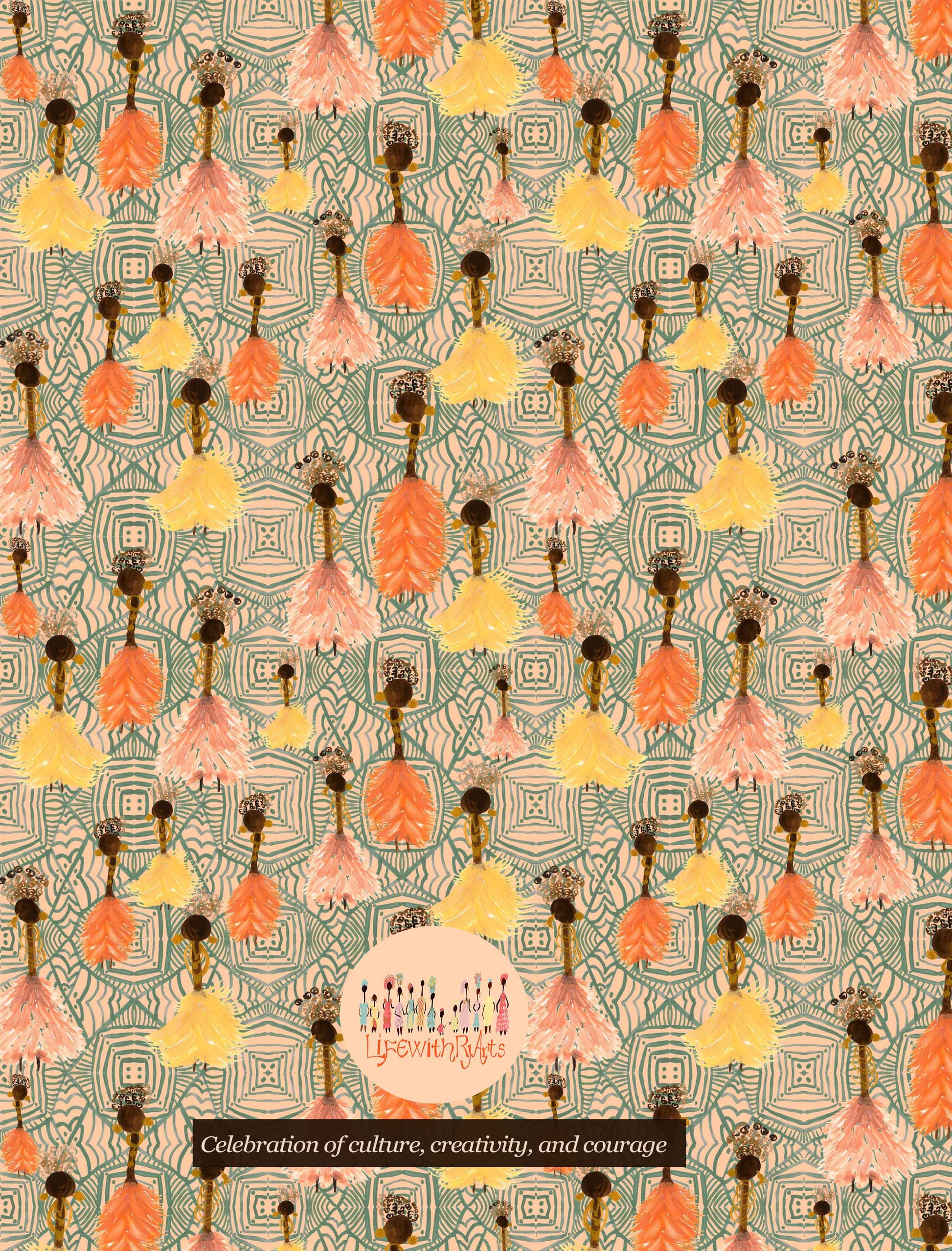 Patterned design with colorful figures and text on a textured background