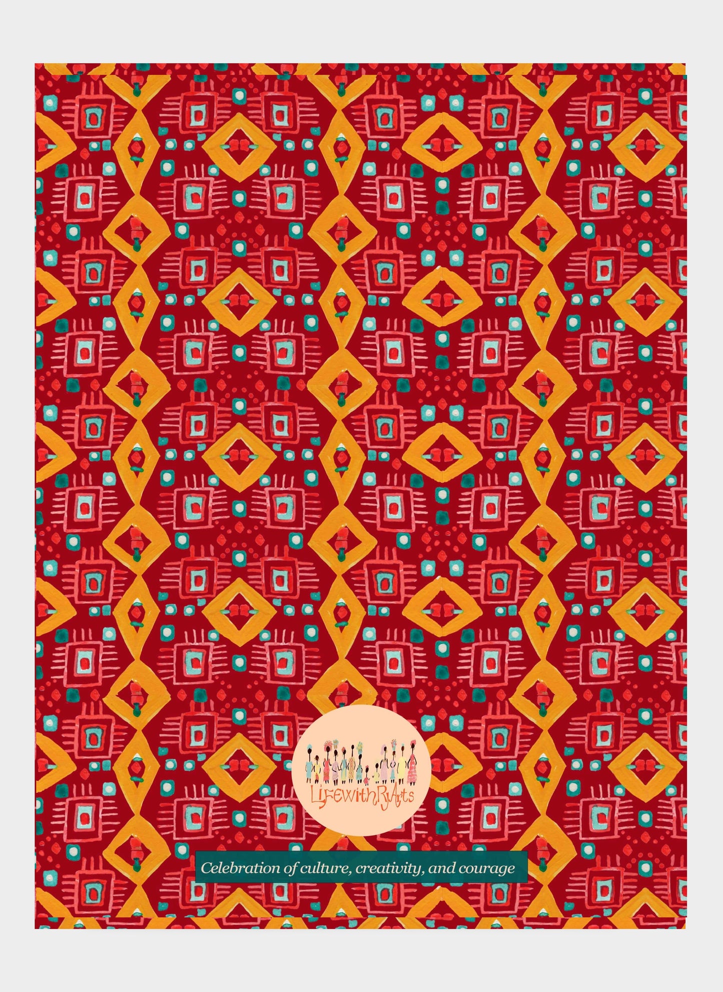 Decorative fabric with geometric pattern on a red background