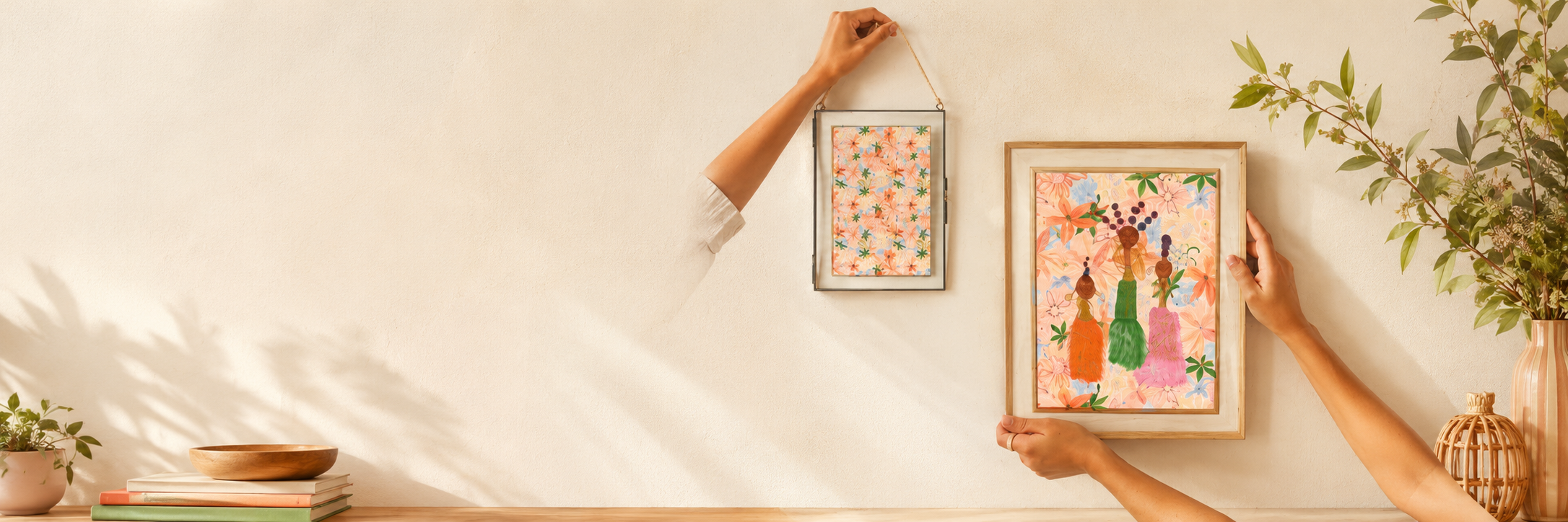 A lifestyle scene showing two hands hanging framed art prints on a warm beige wall. The larger framed print on the right features a colorful floral arrangement in green and orange vases against a pink background, while the smaller print on the left has a pink floral pattern.